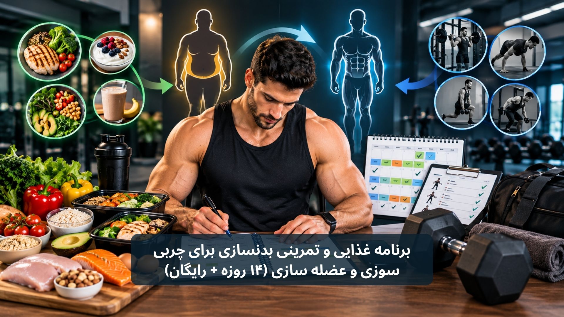 کامل‌ترین برنامه غذایی و تمرینی بدنسازی برای چربی سوزی و عضله سازی (۱۴ روزه + رایگان)